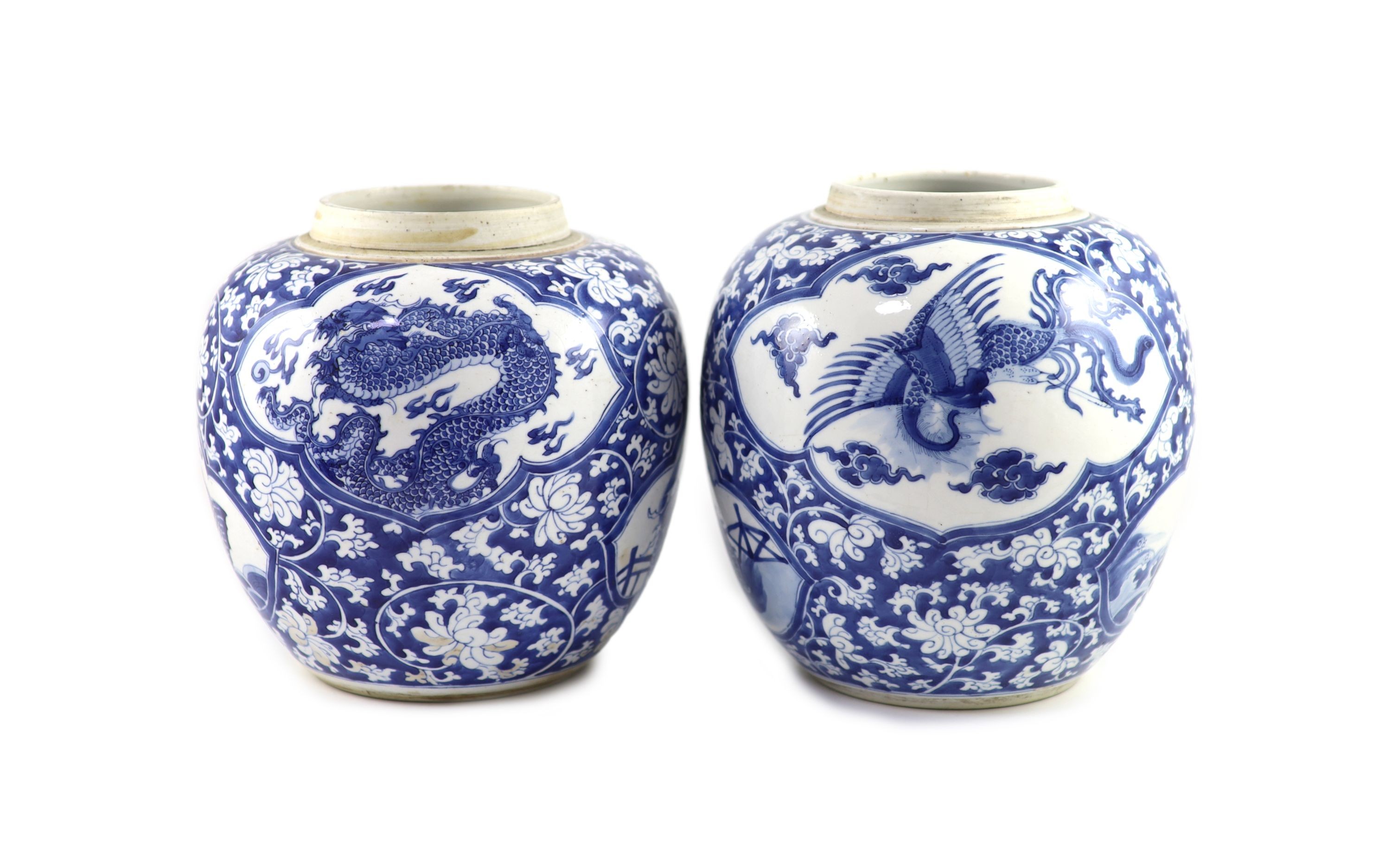 A good pair of Chinese blue and white ‘mythical beast’ jars, Kangxi period, Slight height difference 23 cm and 23.5 cm high